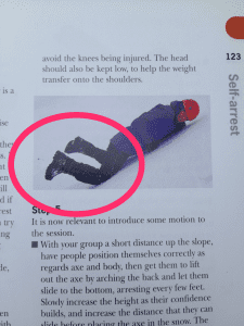 Note, the legs are up in this training picture from The Mountain Skills Training Handbook by Pete Hill and Stuart Johnston.