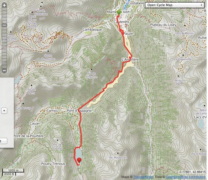 map showing the route from cauterets to lac de Gaube